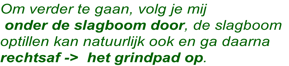 Om verder te gaan, volg je mij 
 onder de slagboom door, de slagboom
optillen kan natuurlijk ook en ga daarna
rechtsaf ->  het grindpad op.